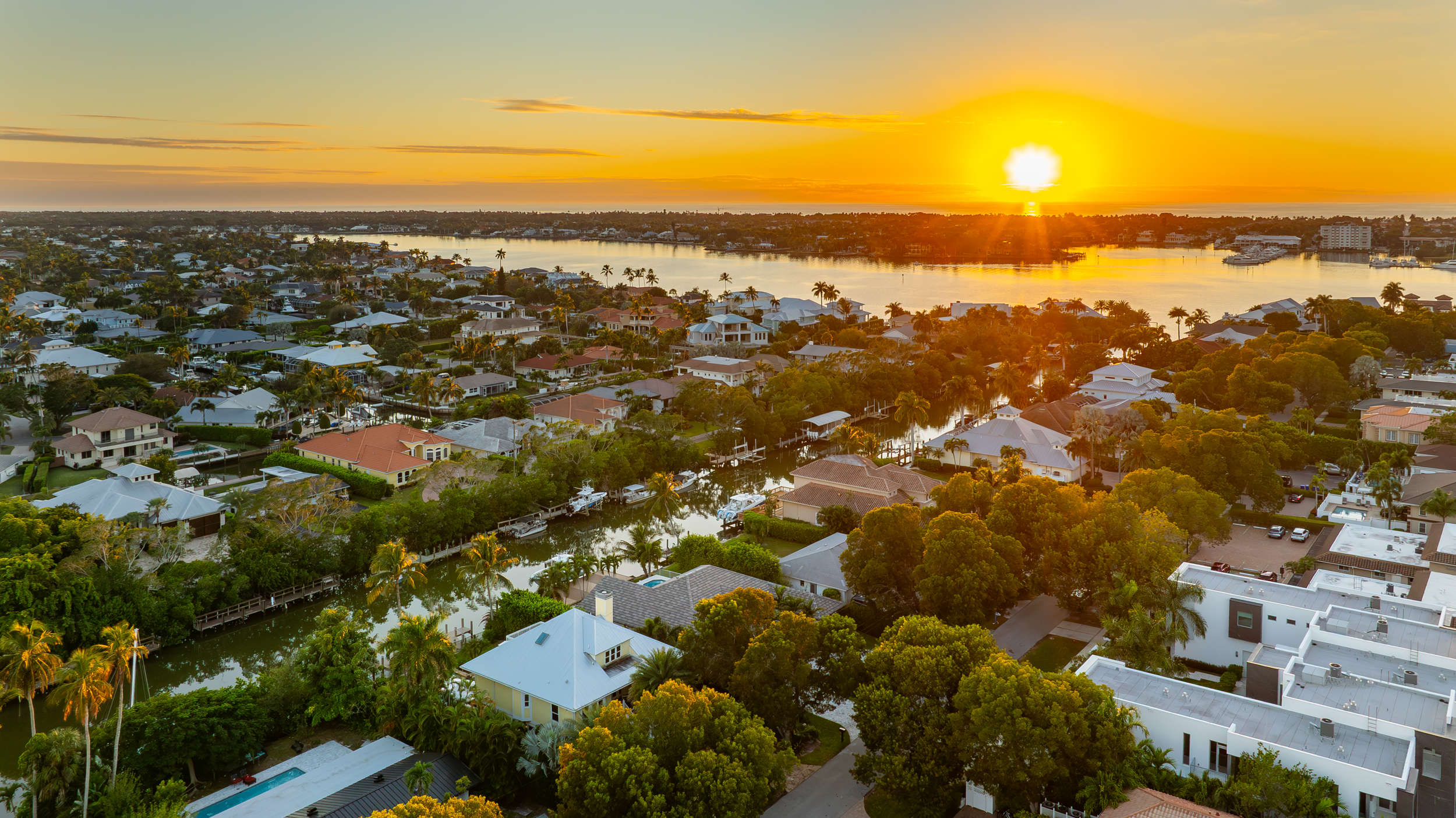 Royal Harbor Naples Bay Sunset Aerial Stock Photography